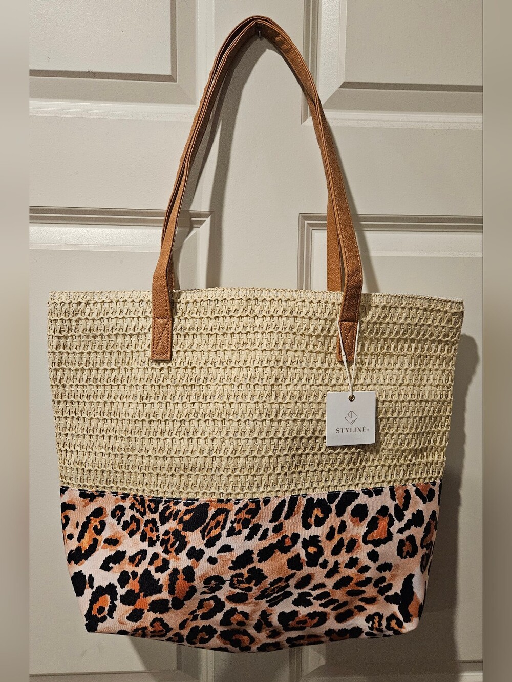 NWT Leopard Print Straw Tote Bag - Picture 2 of 6